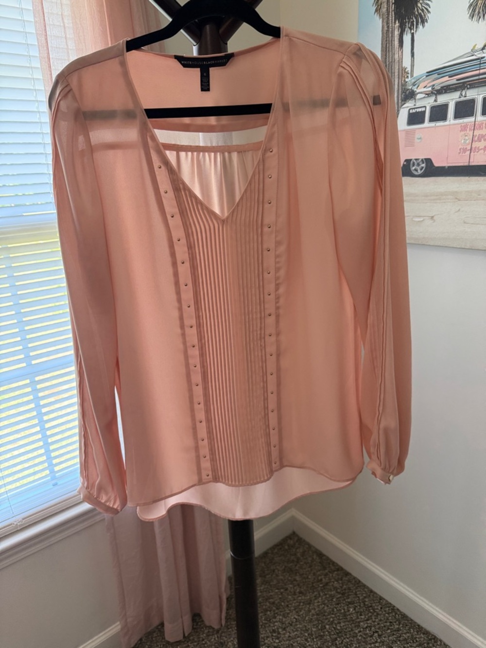 White House Black Market Blush Pink Pleated V-Neck Sheer Blouse